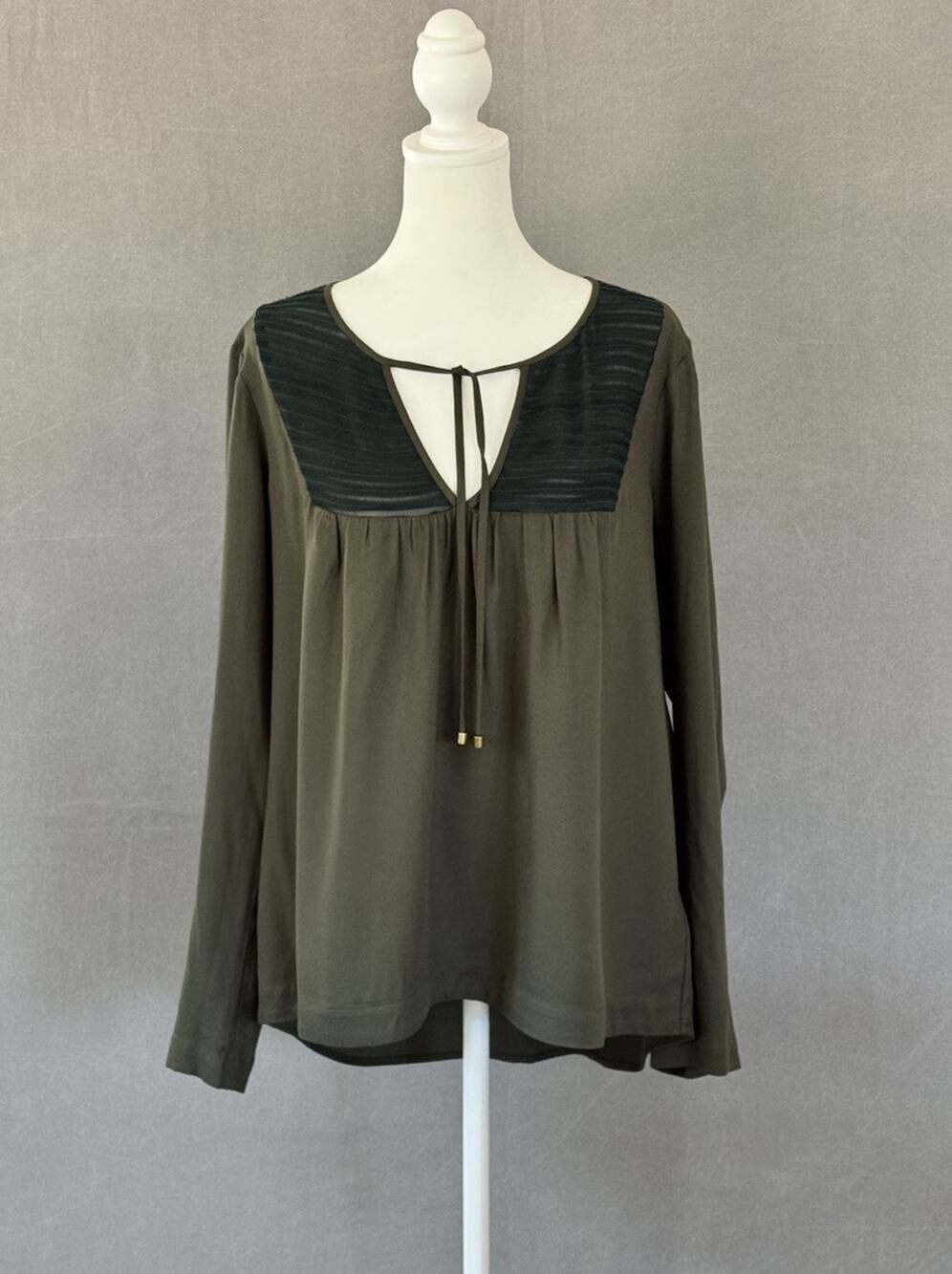 Ella Moss Olive Green Silk Trim Peasant Blouse Tie Neck Long Sleeve Top M